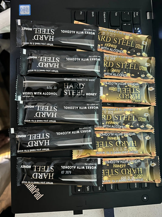 hardsteel honey packs(12packs). black and gold